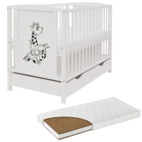 Patut din lemn masiv 120x60 cm Bria alb cu sertar si saltea cocos LUX 120x60x9 cm, reglabil pe 3 nivele, certificat EN71