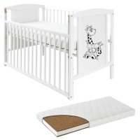 Patut din lemn masiv 120x60 cm Bria alb cu laterala culisanta si saltea cocos LUX 120x60x9 cm, reglabil pe 3 nivele, certificat EN71