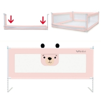 Bariera protectie pat culisanta cu buzunar XXL 160 cm Kidizi Funny Bear Pink, certificata EN71, inaltime reglabila 72-100 cm, model interconectabil