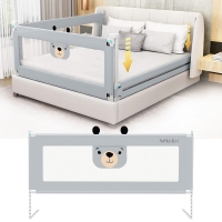 RESIGILAT Bariera protectie pat culisanta cu buzunar XXL 160 cm Kidizi Funny Bear Grey, certificata EN71, inaltime reglabila 72-100 cm, model interconectabil