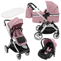 Carucior copii 3 in 1 Kidizi Moveo roz, landou transformabil in parte sport, scoica auto R129, cadru silver, pana la 22 kg (0–4 ani), saltea si geanta incluse