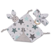 Set 3 piese din muselina Kidizi All Mint Stars, include paturica muselina, jucarie atasament si inel de dentitie din lemn