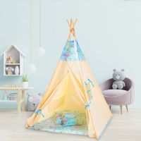 Cort copii stil indian Teepee Tent Kidizi Blue Moon, include covoras gros si 2 perne, stabilizator cadou