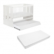 Patut lemn Paula alb cu sertar Klups, include saltea cocos lux grosime 9 cm