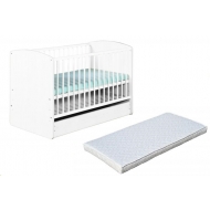 Patut lemn Karolina II alb cu sertar Klups, include saltea cocos LUX 120x60x9 cm