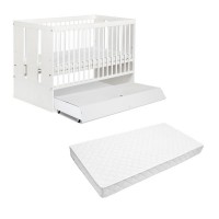 Patut lemn Paula alb cu sertar Klups, include saltea cocos lux grosime 9 cm