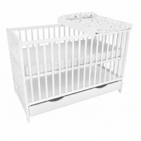 Patut din lemn masiv cu sertar si capac 120x60 cm Kidizi Orella alb, masuta infasat din lemn si salteluta incluse, reglabil pe 3 nivele, certificat EN71