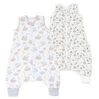 Set 2 saci de dormit copii cu picioare din bumbac flausat 6–18 luni Kidizi On a Cloud Safari, 1 tog, model ajustabil, cu mansete transformabile in sosete