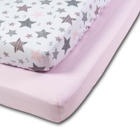 Set 2 cearceafuri din bumbac cu elastic  roata pentru patut 120x60 cm Kidizi Pink Stars