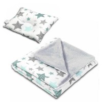 Set paturica dubla pufoasa cu doua fete 100x78 cm si perna bebelusi contra plagiocefaliei Kidizi All Mint Stars