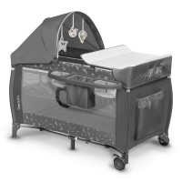 Patut pliant cu doua nivele, Lionelo, Sven Plus, 120x60 cm, Cu arcada jucarii, masuta de infasat, vibratii, melodii, conform cu standardele europeane de securitate EN716 si EN12221, Grey