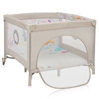 Tarc de joaca, Lionelo, Mille Plus, Pliabil, Include saltea cu densitate T25, 4 jucarii cu velcro, Manere textile, Geanta de transport, Cu roti si inchidere laterala, Pereti din plasa pentru vizibilitate si aerisire, 100 x 100 x 77 cm, Bej