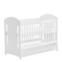RESIGILAT Patut bebe din lemn masiv si mdf, 120x60 cm, cu sertar pe sine si capac, Gioya alb, laterala cu 3 bare detasabile+SALTEA