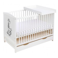 Patut din lemn masiv 120x60 cm Bria alb cu sertar, masuta infasat din lemn inclusa, reglabil pe 3 nivele, certificat EN71