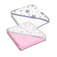 Set doua prosoape din bumbac cu gluga 90x90 cm Kidizi Pink Star Clouds