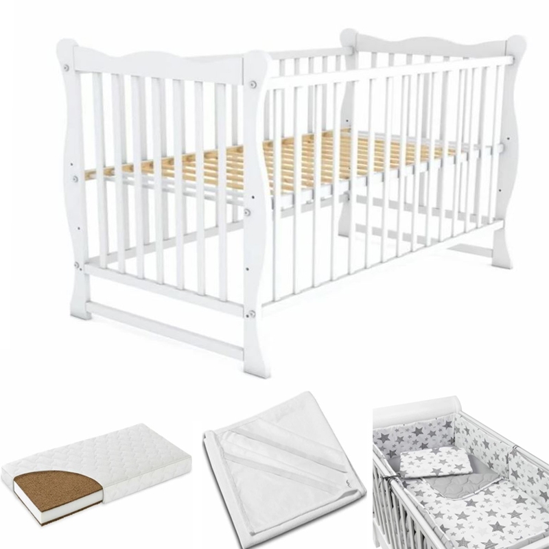 Patut din lemn masiv 120x60 cm Isla alb, include saltea cocos 8 cm, protectie impermeabila si set lenjerie matlasata 5 piese Kidizi