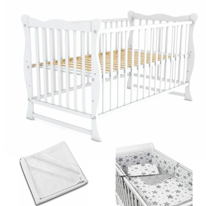 Patut din lemn masiv 120x60 cm Isla alb, include protectie impermeabila si set lenjerie matlasata 5 piese Kidizi