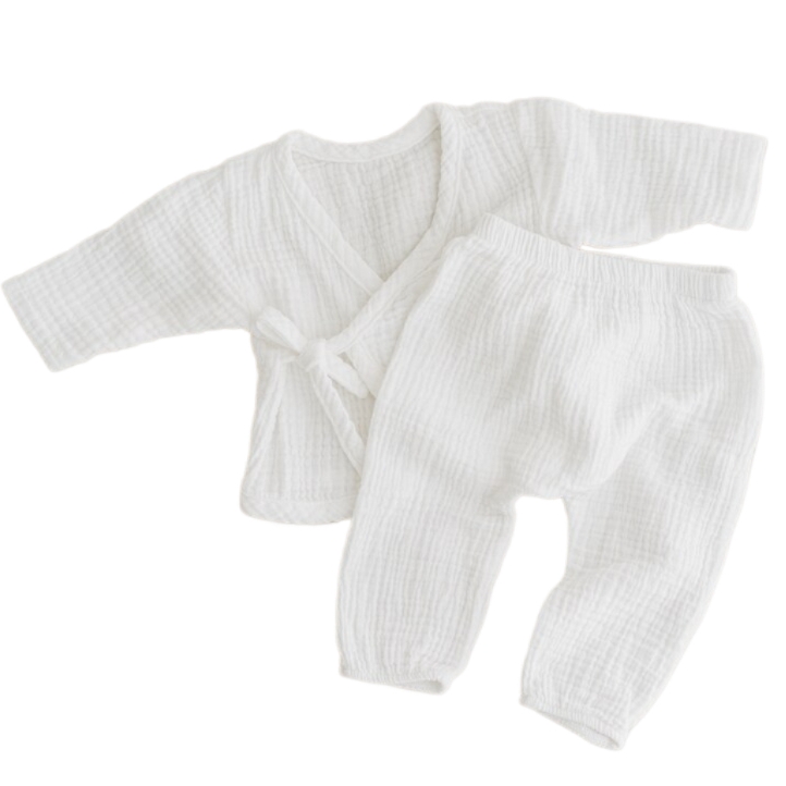 Set tip kimono din muselina dubla Kidizi Meadow alb 0-3 luni, include pantaloni si bluza petrecuta