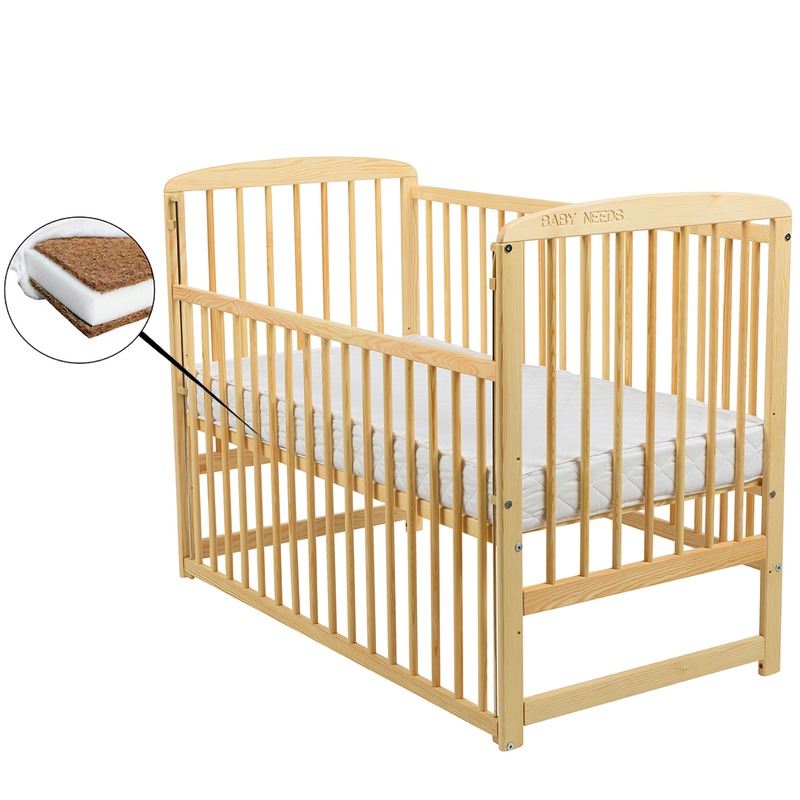 BabyNeeds - Patut din lemn Ola cu laterala culisanta natur + Saltea 10 cm