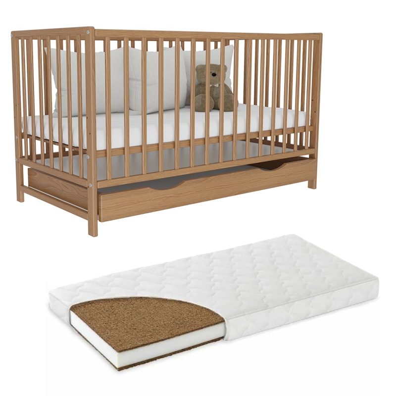 Patut din lemn masiv 120x60 cm Matilda cu sertar stejar auriu si saltea 12 cm