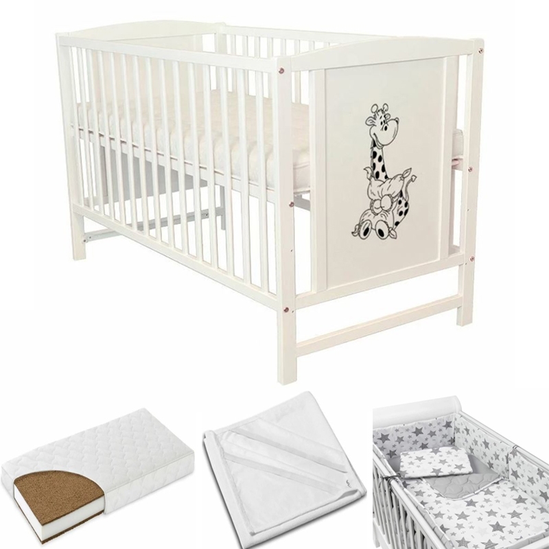 Patut din lemn masiv 120x60 cm Bria alb, include saltea cocos 8 cm, protectie impermeabila si set lenjerie matlasata 5 piese Kidizi