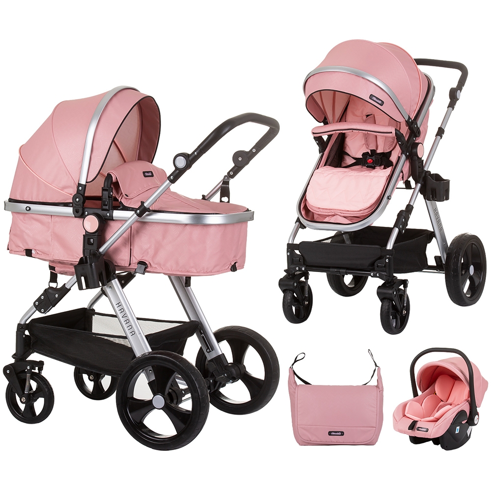 Carucior 3 in 1 Chipolino Havana flamingo, cu sezut transformabil in landou si cu scaun auto