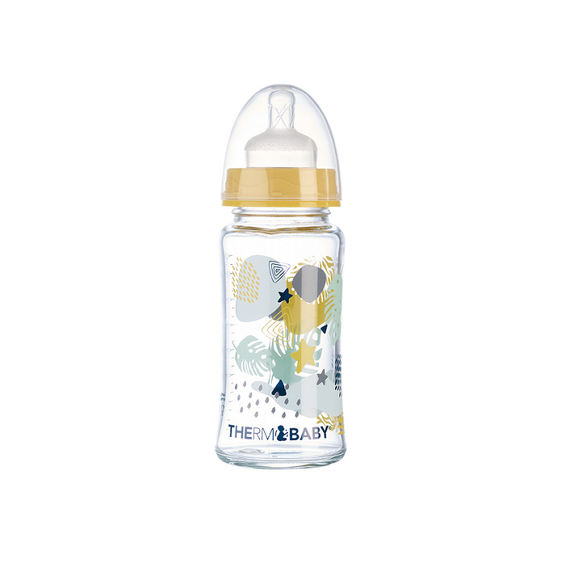 Biberon din sticla cu gat larg 230ml, tetina silicon, debit mediu Thermobaby